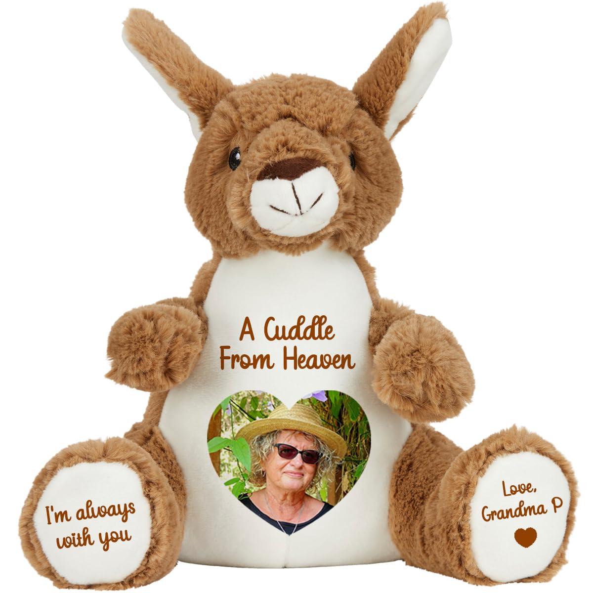 Personalised Memory Teddy Bear with Heart-Shaped Photo – “A Cuddle From Heaven” Keepsake Gift – 28 Bear Styles – Add Your Text & Choose Colour – Custom Memorial Bear (Brown Kangaroo)
