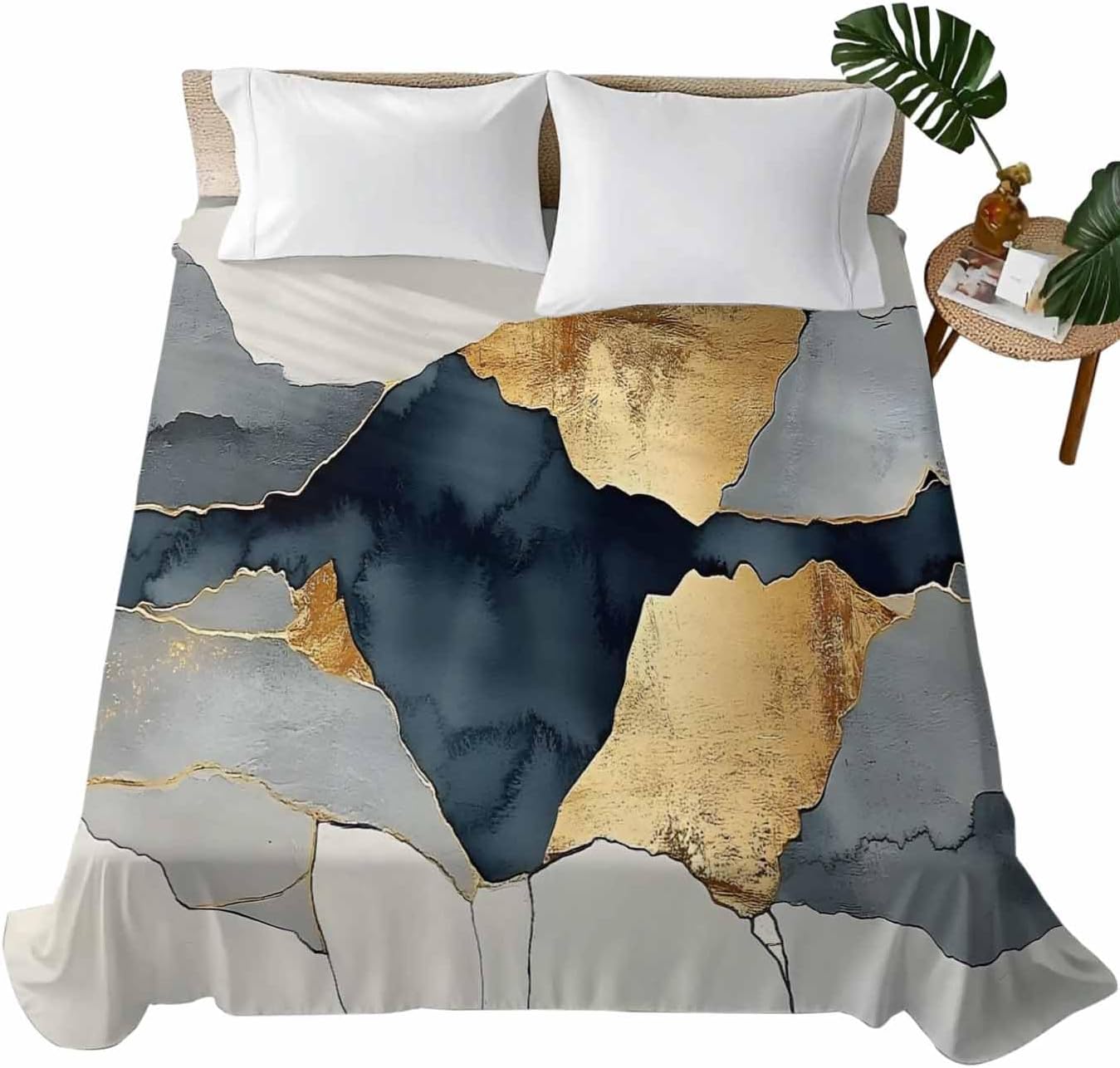 California King Flat Sheet, Gold Blue Gray Marble Cal King Bed Sheets Only, Soft Microfiber Flat Sheet, Retro Abstract Patterned Art Hotel Quality Bedding Top Sheet Bedroom Home Dorm Decor