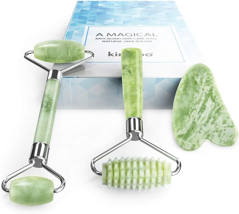 Kit 3 em 1 de rolo facial e Gua Sha kimkoo em jade, com caixa para presente