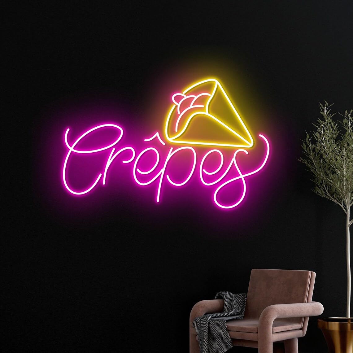 Insegna al neon con crêpes, lampada da parete a LED per negozio di dessert, cartello in crepe rosa giallo per bar, panetteria o bancarella alimentare, decorazione per negozi di dolciumi