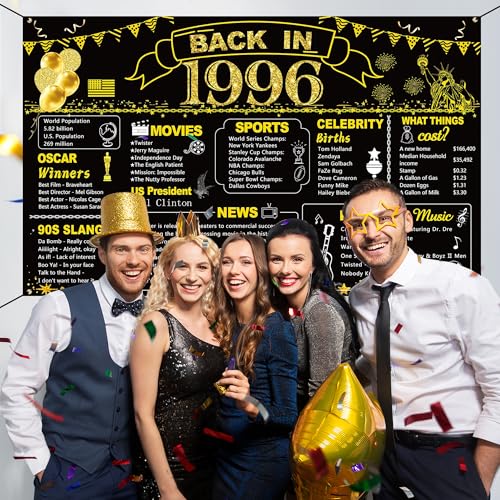 Image of DARUNAXY 30th Birthday Black Gold Party Decoration, Back in 1996 Banner 30 Year Old Birthday Party Poster Supplies Vintage 1996 Backdrop Photography Background for Men & Women 30th Class Reunion Decor