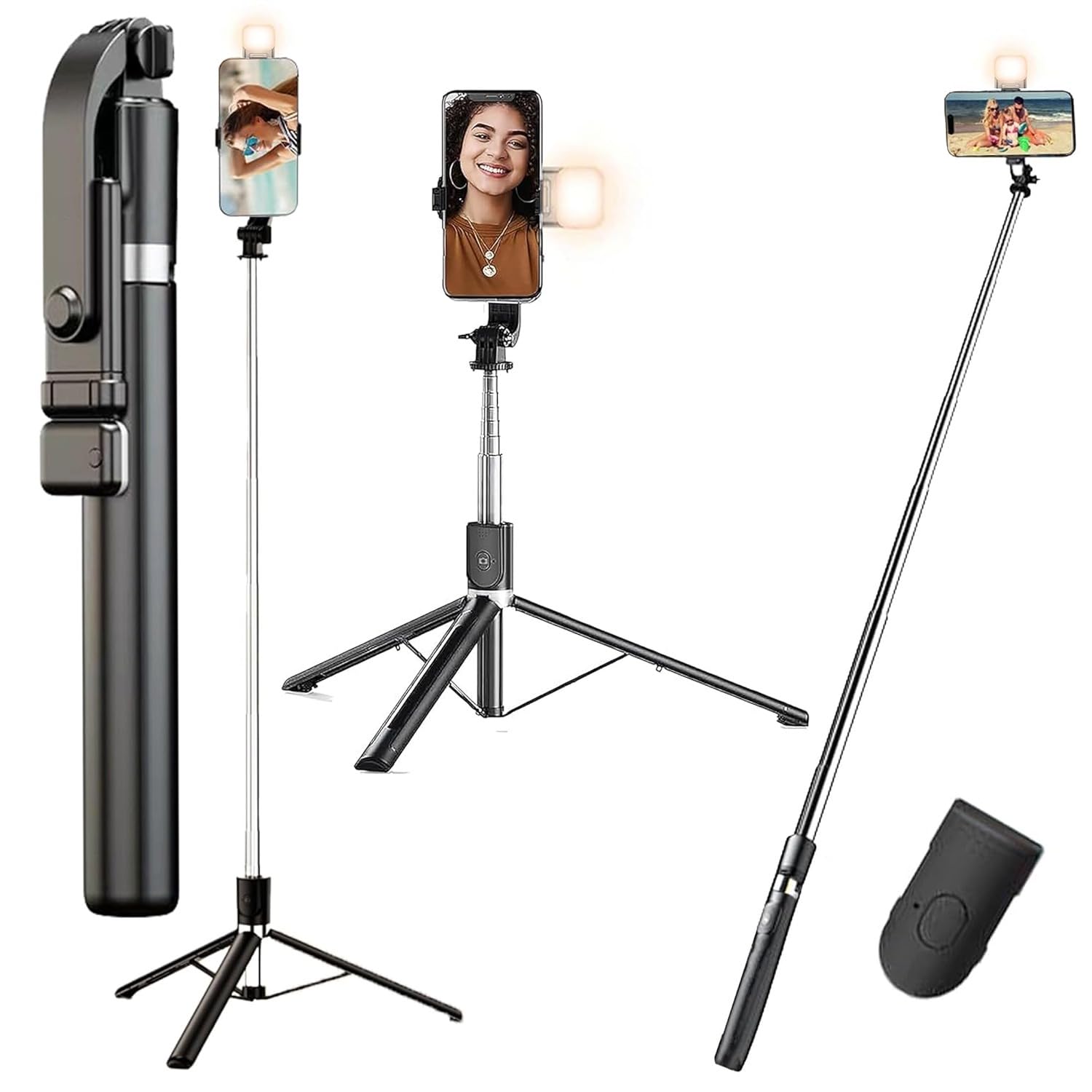 soopii 3-in-1 selfie stick tripod with light 67 inch extendable long tripod stand with wireless remote, 360° rotation, adjustable phone holder for travel, makeup, vlogging, compatible all smartphones