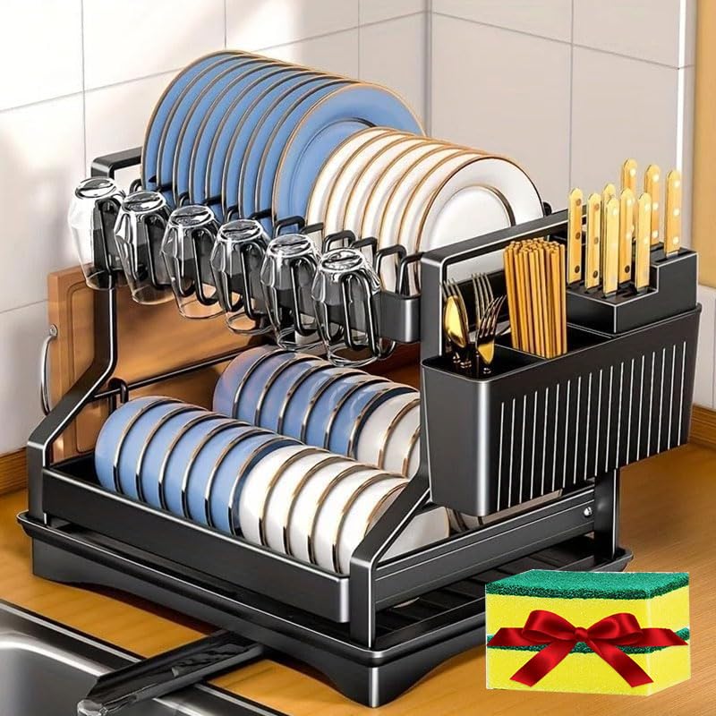 MAXALANCE 2 Tier Dish Drainer Rack with Drainboard & 2 Cleaning Sponges, Black Kitchen Counter Drying Organiser with Utensil, Cup & Cutlery Holders for Dishes Bowls Glasses