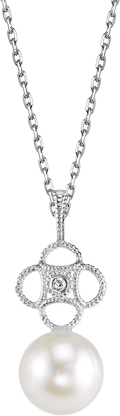 The Pearl Source 14K Gold 8-9mm Round White Freshwater Cultured Pearl & Diamond Lacy Pendant Necklace for Women