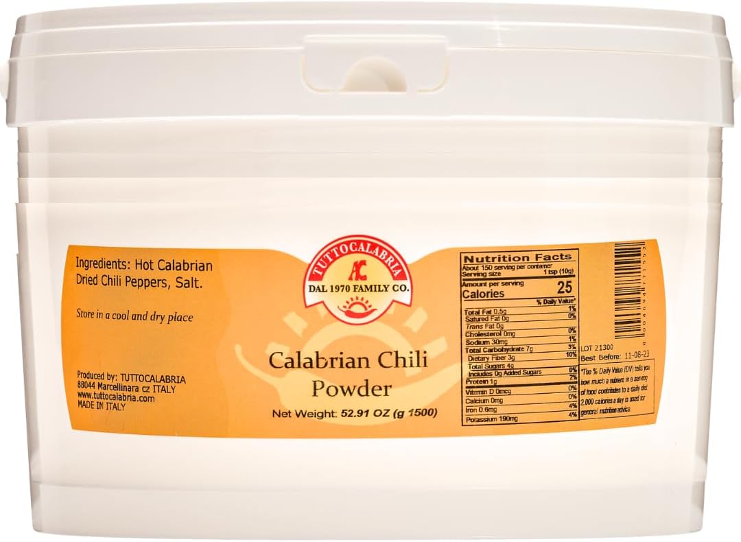 TUTTOCALABRIA, Calabrian Hot Chili Pepper Powder, Bulk Tub, 52.91 oz (1500 g) All Natural, Non-GMO, Product of Italy