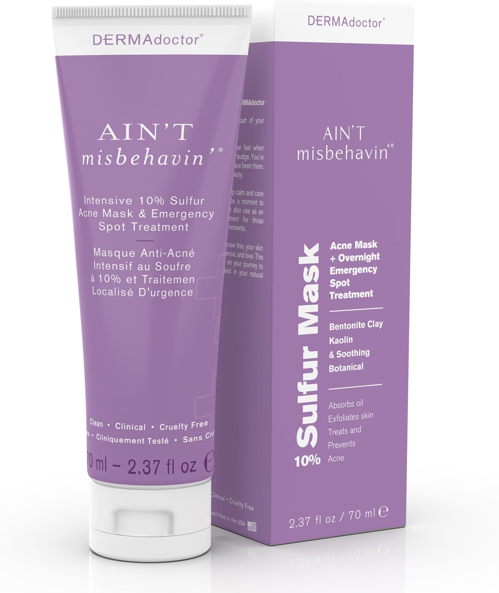 DERMAdoctor Ain’t Misbehavin’ 10% Sulfur Acne Mask, Oil-Absorbing Facial Treatment, 2.3 fl oz
