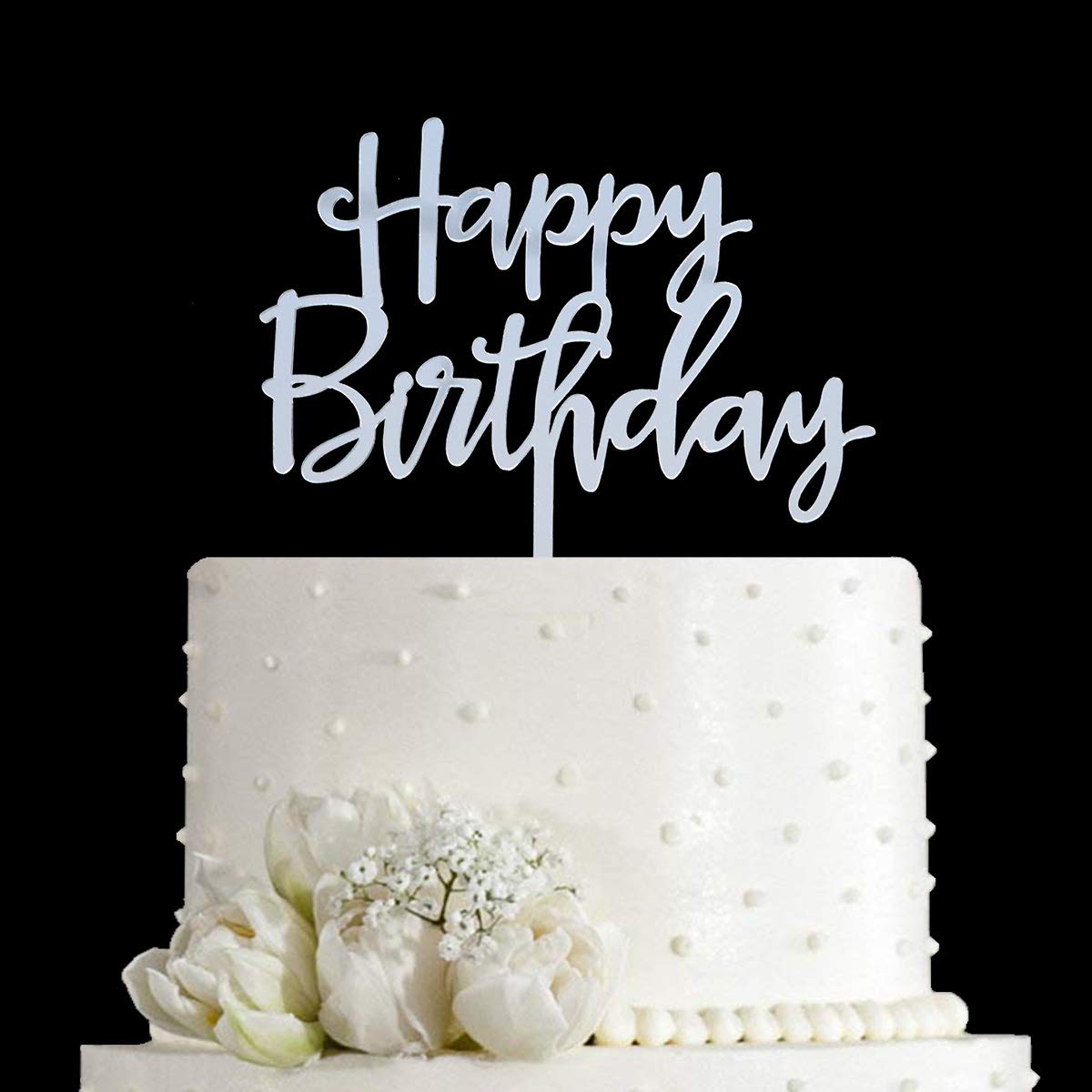 AMINJIEHappy Birthday Cake Topper - Birthday Party Decorations, Mirror Silver Acrylic