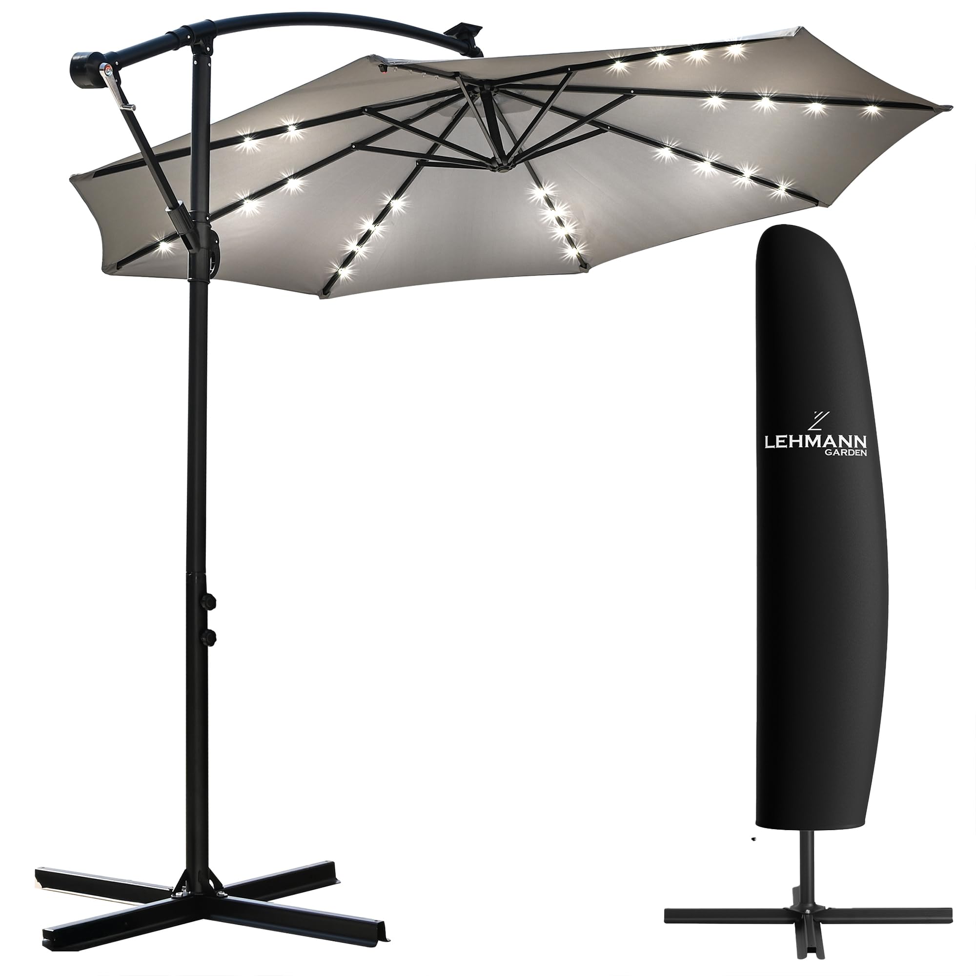 LEHMANN Sonnenschirm mit LED-Solar-Beleuchtung, Ampelschirm mit Ständer & Kurbel, Gartenschirm Wasserdicht & UV-Schutz, 360° drehbar, inkl.Schutzhülle, Sonnenschirm für Garten und Terrasse