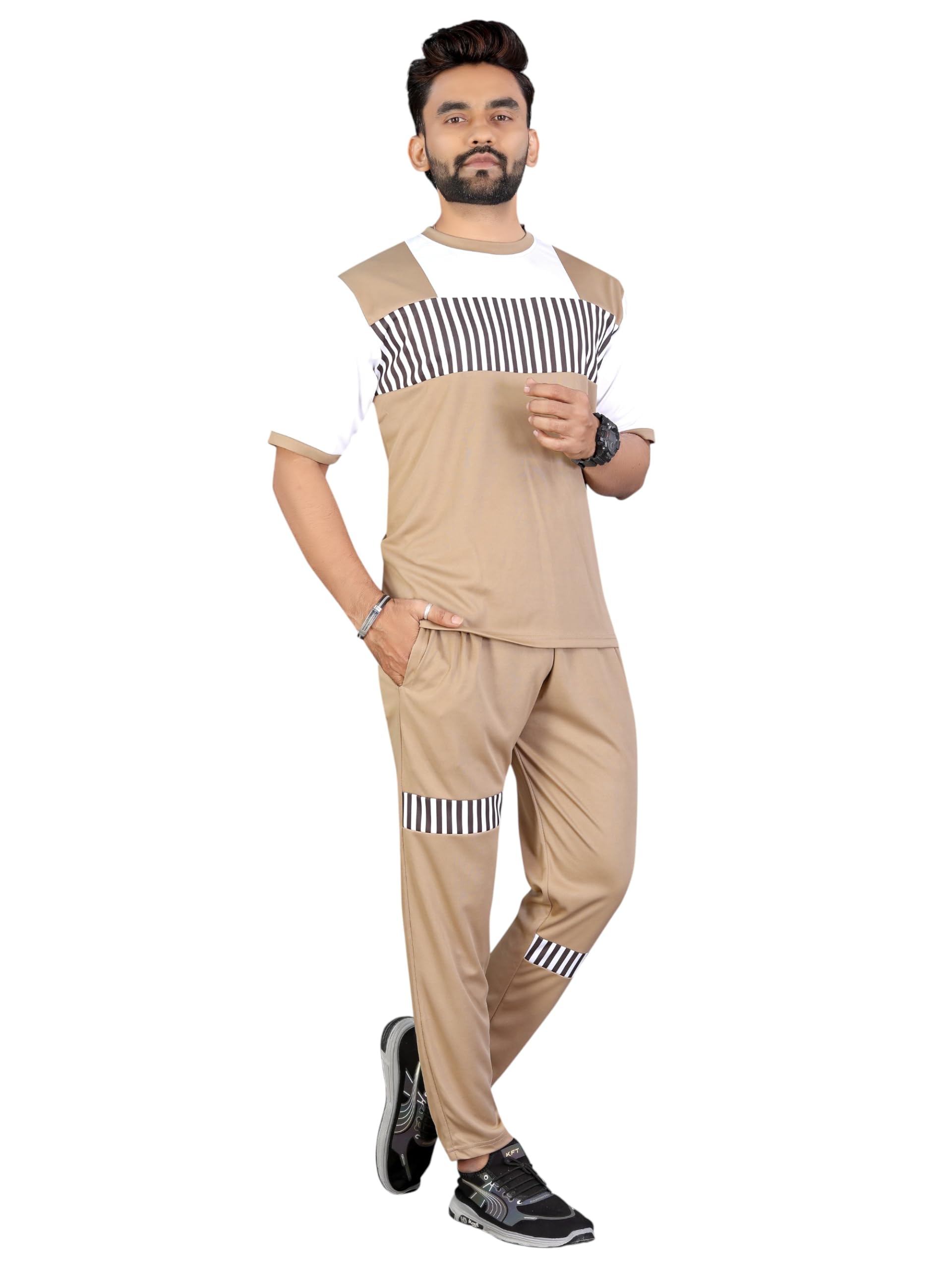 Men's Tracksuit Set, Grey with Navy Blue Striped Panel, Short Sleeve T-Shirt and Pants, Casual Sportswear (IN, Alpha, XL, Regular, Cream)-image-15