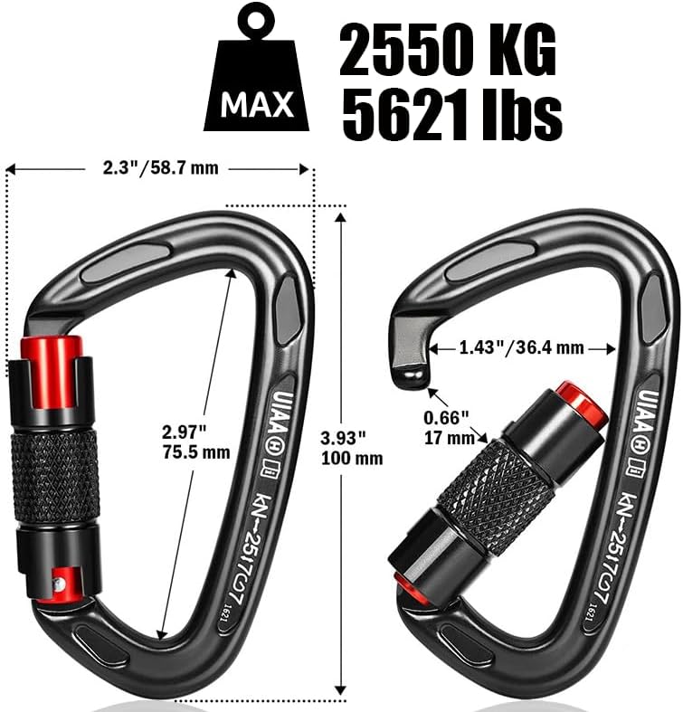 UIAA Certified 25KN Carabiner Heavy Duty, Auto Locking Carabiners Clips, 6PCS Black Carabiner for Swing, pet Traction,3.93 Inch D Shaped, Large Size image 4