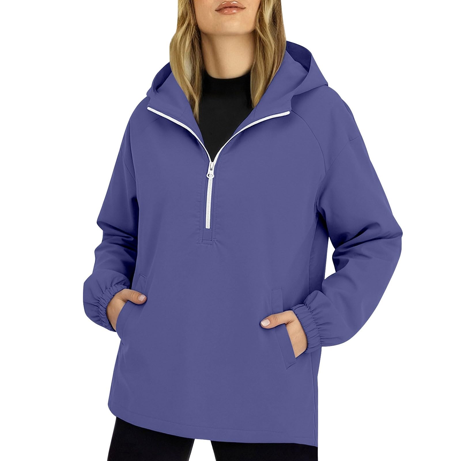 Chaqueta Cortavientos para Mujer - Impermeable Mujer Running Chaqueta Deportiva Ultraligero Chubasquero con capucha Sudadera Media Cremallera Manga Larga Ropa Gym Padel
