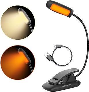 BIGMONAT Amber Book Light, Clip on Book Light for Reading in Bed at Night, USB Rechargeable Reading Light with Bendable Neck, 2 Lighting Modes, Brightness Adjustable, Amber Light Reduces Eye Strain