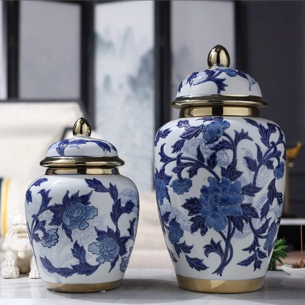 Food Storage Jar,Decorative Jar Ginger Jar Vase Decor Decor Traditional Blue and White Floral Porcelain Ceramic Temple Ginger Jar Vase Decorative Storage Ginger Jars Storag,Blue-22 * 40Cm