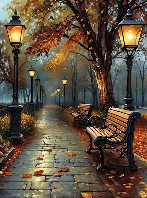 XIYOUVIGOR Autumn Street Scene Diamond Art Kit for Adults Vintage Street Lamps & Bench Fall Foliage Diamond Painting Kits Full Round Drill Diamond Dots with Gem Art for Home Wall Decor 12x16 in