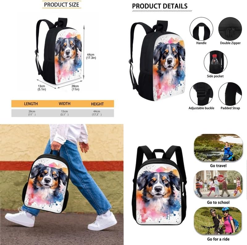Watercolor Australian Shepherd Print Students School Backpacks with Lunch Box Pencil Case Bags Colorful Splash Art Dog Puppy Travel Daypack Bookbag Set for Student