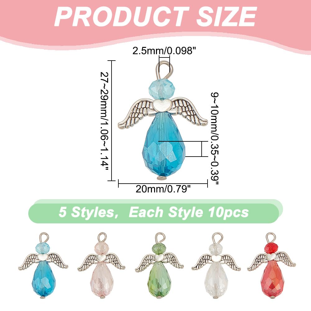 HOBBIESAY 50 Pcs Glass Angel Wing Charms 5 Colors Teardrop Beads Pendant Faceted Dangle Charm DIY Crafting Accessories for Necklace Bracelet Earring Keychain Jewelry Making - Image 2