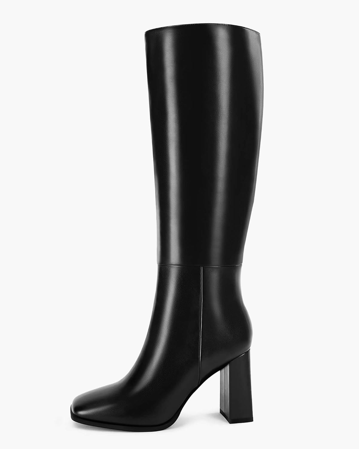 Coutgo Womens Wide Calf Knee High Boots Chunky High Heel Square Toe Fashion Leather Shoes with Side Zipper