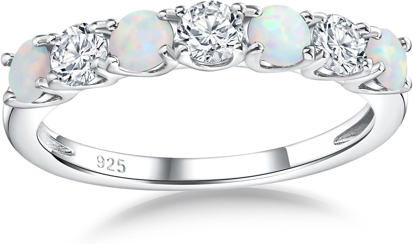 Birthstone Wedding Band Eternity Rings 925 Sterling Silver Rings Stackable Anniversary Engagement Rings Cubic Zirconia Inlaid Created Garnet/Amethyst/Sapphire Ring 7 Stone Ring, Size 6 to 10