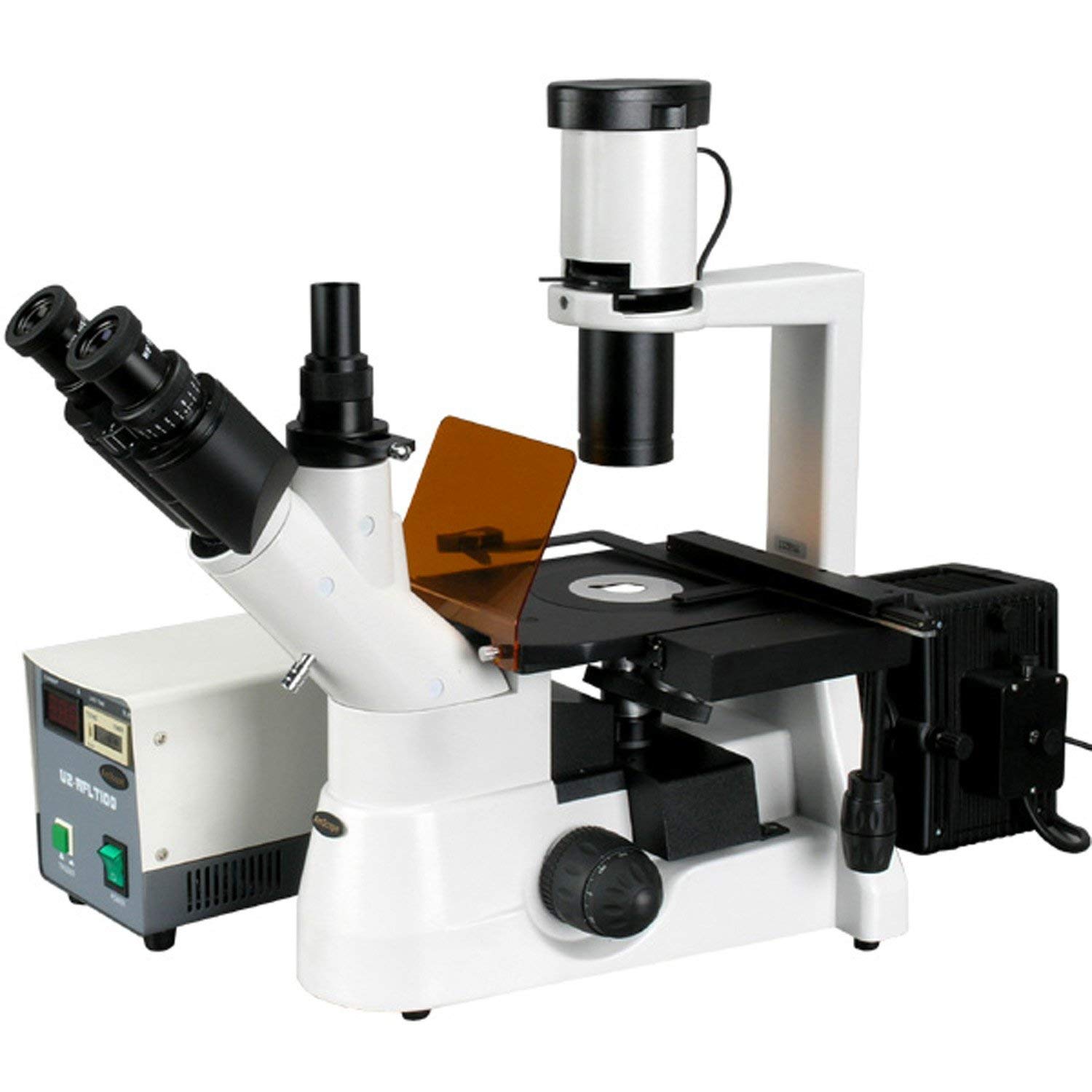 AmScope IN300TB-FL Long Working Distance Inverted Fluorescence Trinocular Microscope, 40x-800x, WH10x and WH20x Eyepieces, Phase-Contrast Objectives, 30W Halogen Illumination, 0.3 NA Abbe Condenser, Mechanical Stage, 110V