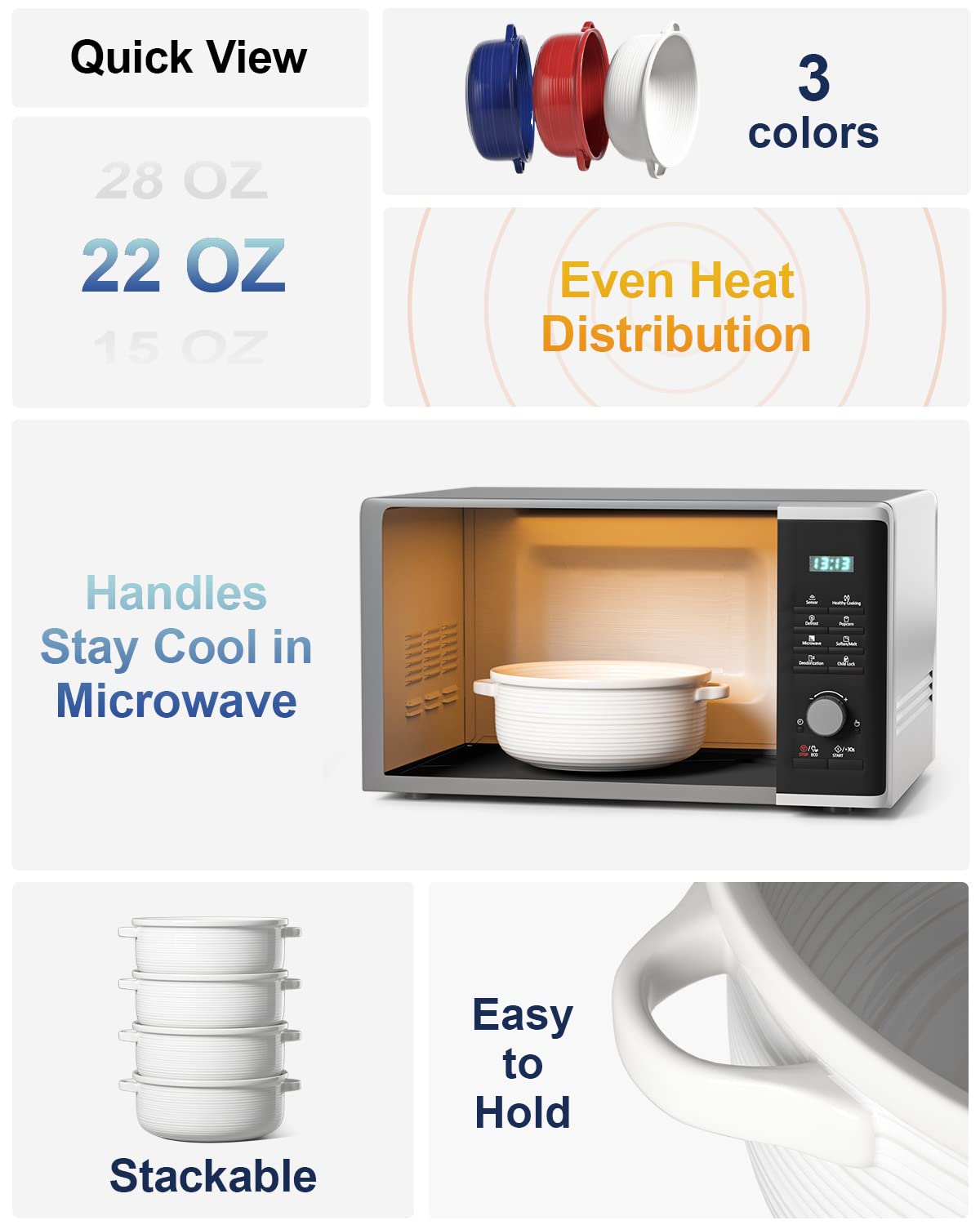 LE TAUCI Soup Bowls With Handles, 22 Ounce for Soup, chili, beef stew, Set of 4, White