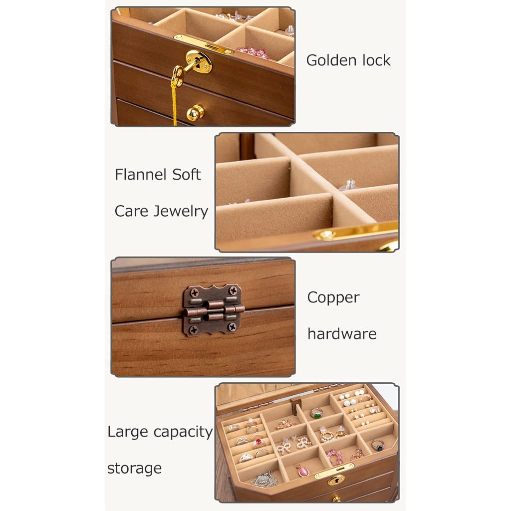 Abschließbare Schmuckschatulle aus Holz mit 3 Schubladen für Frauen und Mädchen – Halter für Ringe, Halsketten, Ohrringe, Armbänder – Aufbewahrung in Geschenkbox – Farbe A – Größe 28 x 19 x 18,5 cm (A