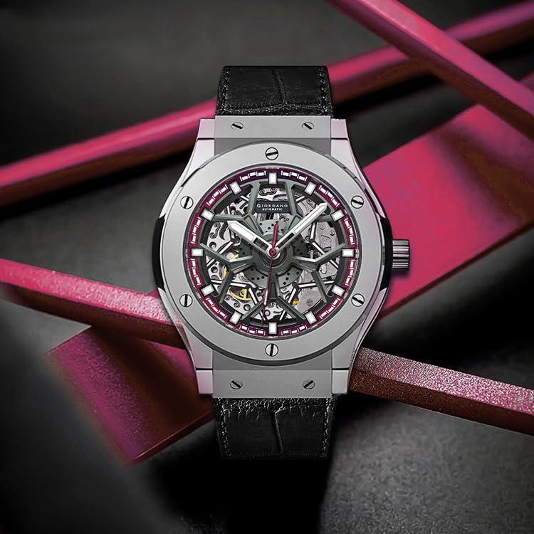 Image of Giordano Automatic Watch for Men - Round Dial, Stainless Steel Case, Transparent Mechanical Movement, Luminous Hands, Black Leather Strap