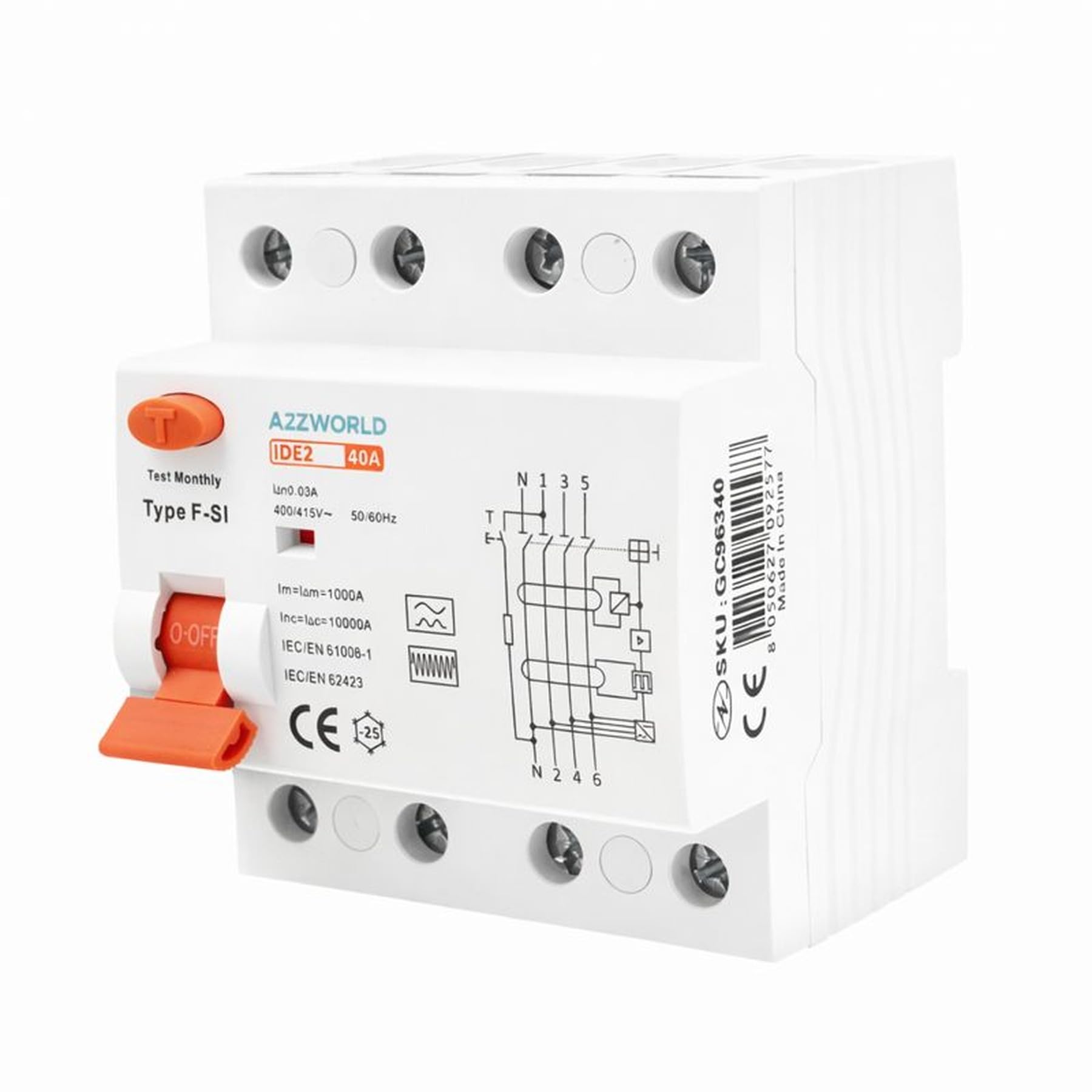RCCB Interrupteur différentiel pur type F triphasé 40A, 3P+N 4 modules DIN, 30 mA, 6000 A, AC 380 V, IP20