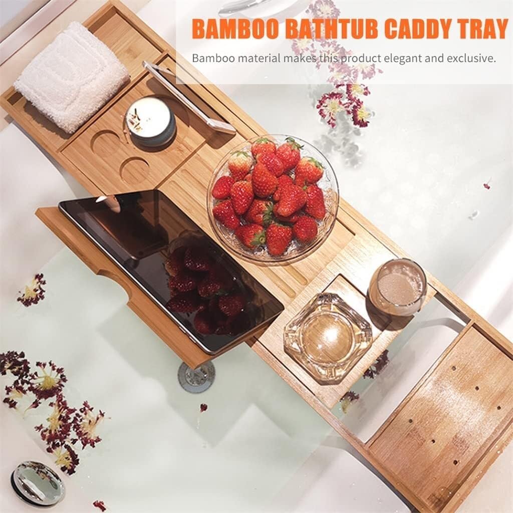 Extendable Bathtub Caddy Tray – Adjustable Rack for Books, Wine, Tablet, and Bath Accessories – Non-Slip Organizer for Bathtub Shelf