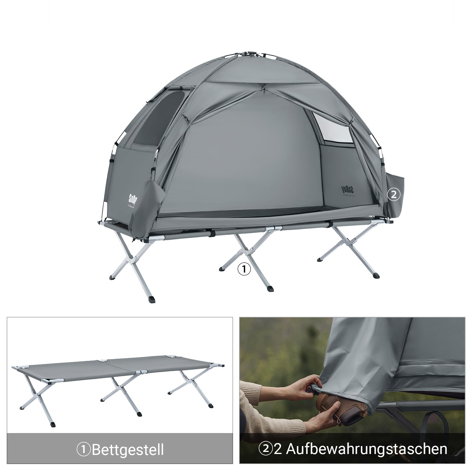 SoBuy Campingzelt Einzelzelt mit Lampenhaken und Schuhaufbewahrungstaschen 2in1-Zelt 1 Person praktische Hellgrau BHT ca. 193x160x86cm OGS32-II-HG