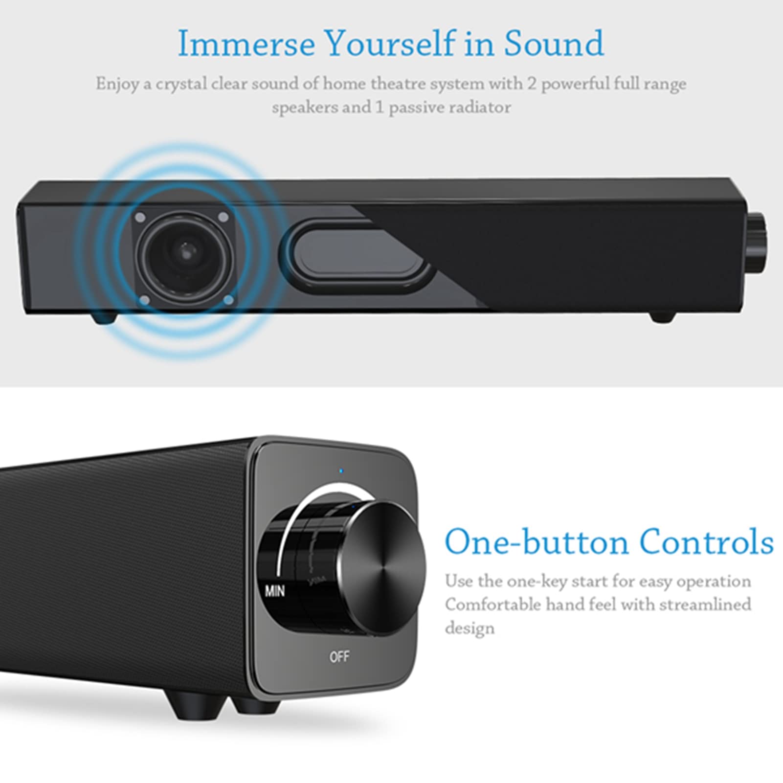 F&Y Soundbar Bluetooth con altoparlante ad alta fedeltà da 20 W, sistema audio TV cablato/wireless, suono surround migliorato per home theater, PC, esterni, con telecomando