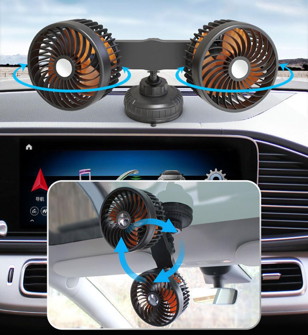 BININBOX 360° Drehbarer Doppelkopflüfter mit Saugnapf Universell 5/12/24V Geräuscharm 3 Geschwindigkeitsstufen für Auto und Tisch (5V (USB))