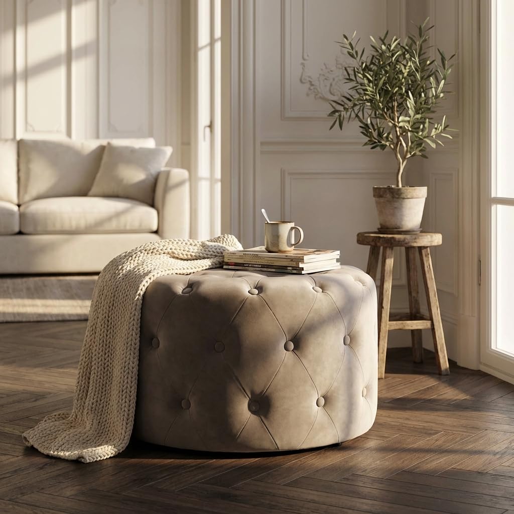 Pouf contenitore rotondo in velluto - PASCAL Tortora
