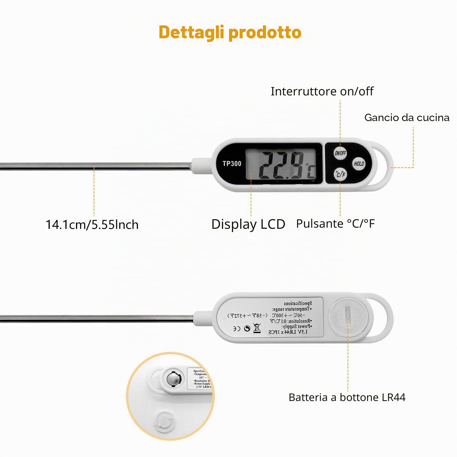 Termometro da Cucina Digitale 3s Lettura Istantanea Retroilluminazione Alimentare Carne Barbecue Olio Bianco