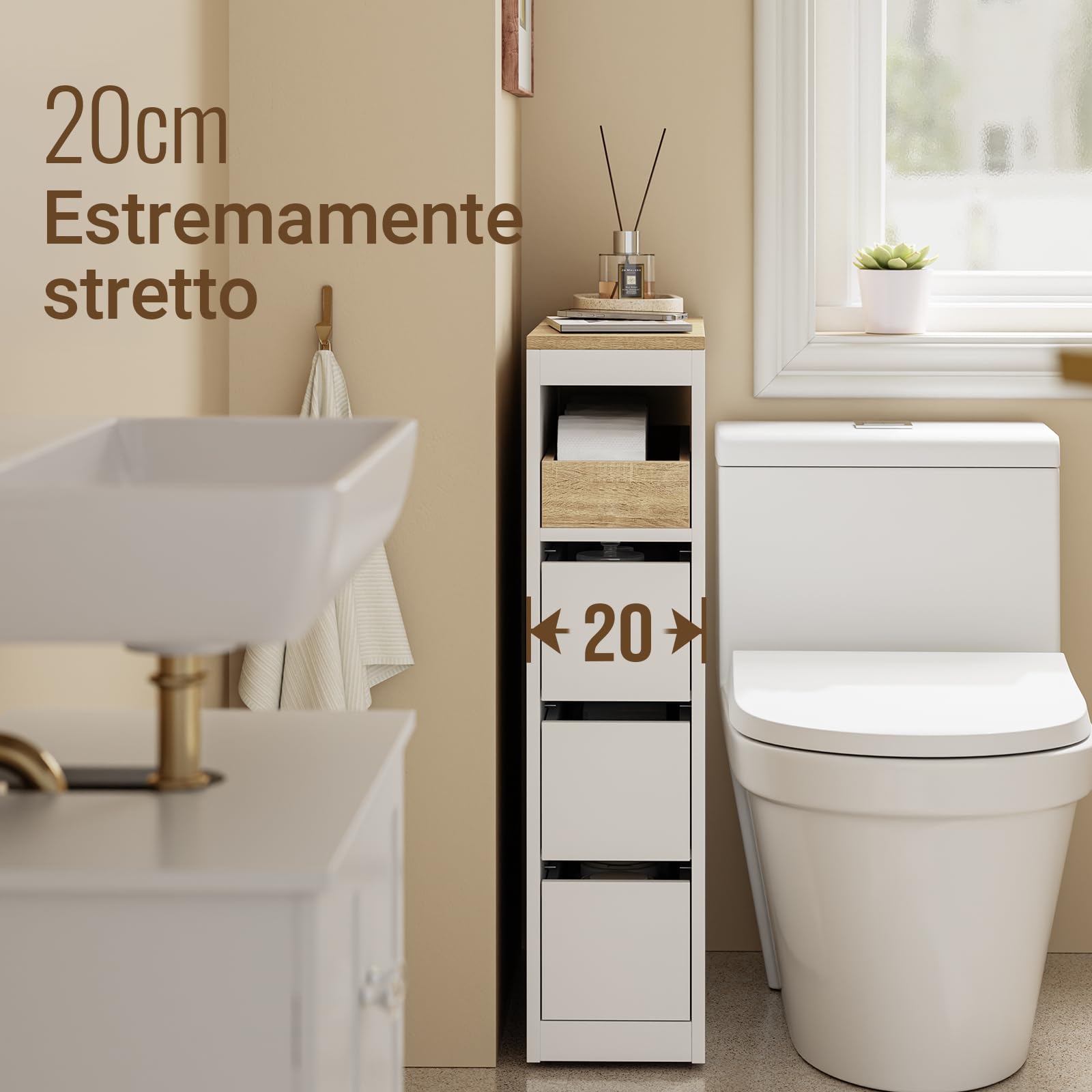 SoBuy Mobiletto Bagno Salvaspazio Stretto 20cm con Ruote 60x20x82.3cm | Mobile con 3 Cassetti In Legno Compatto per Bagni Piccoli, WC E Cucina, Bianco, BZR54-K-W