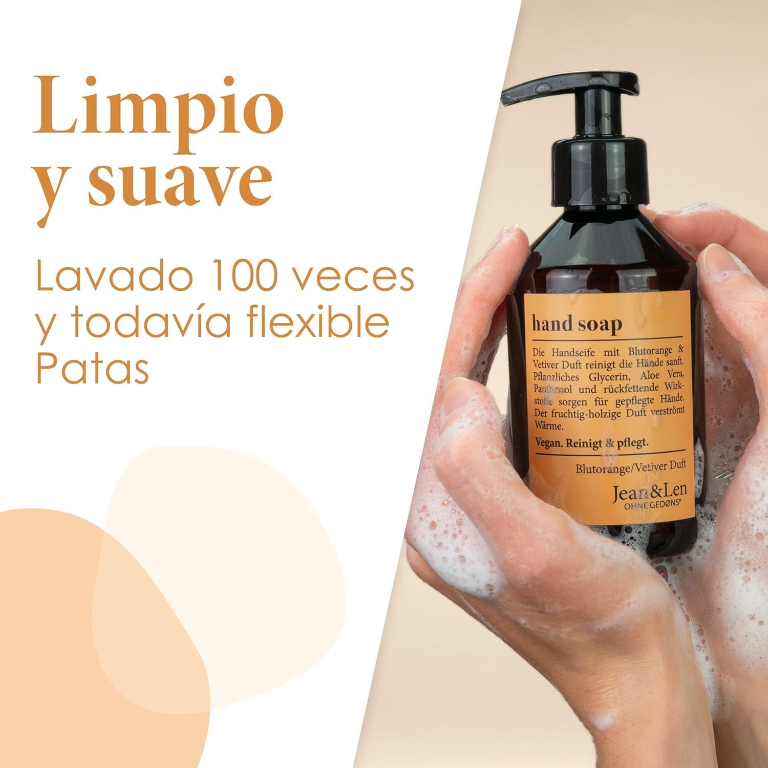 Jabón líquido para manos Jean & Len de naranja sanguina y vetiver, en set, limpia suavemente las manos, jabón líquido en dispensador con bomba, aroma afrutado, sin parabenos, vegano, 6 x 250 ml