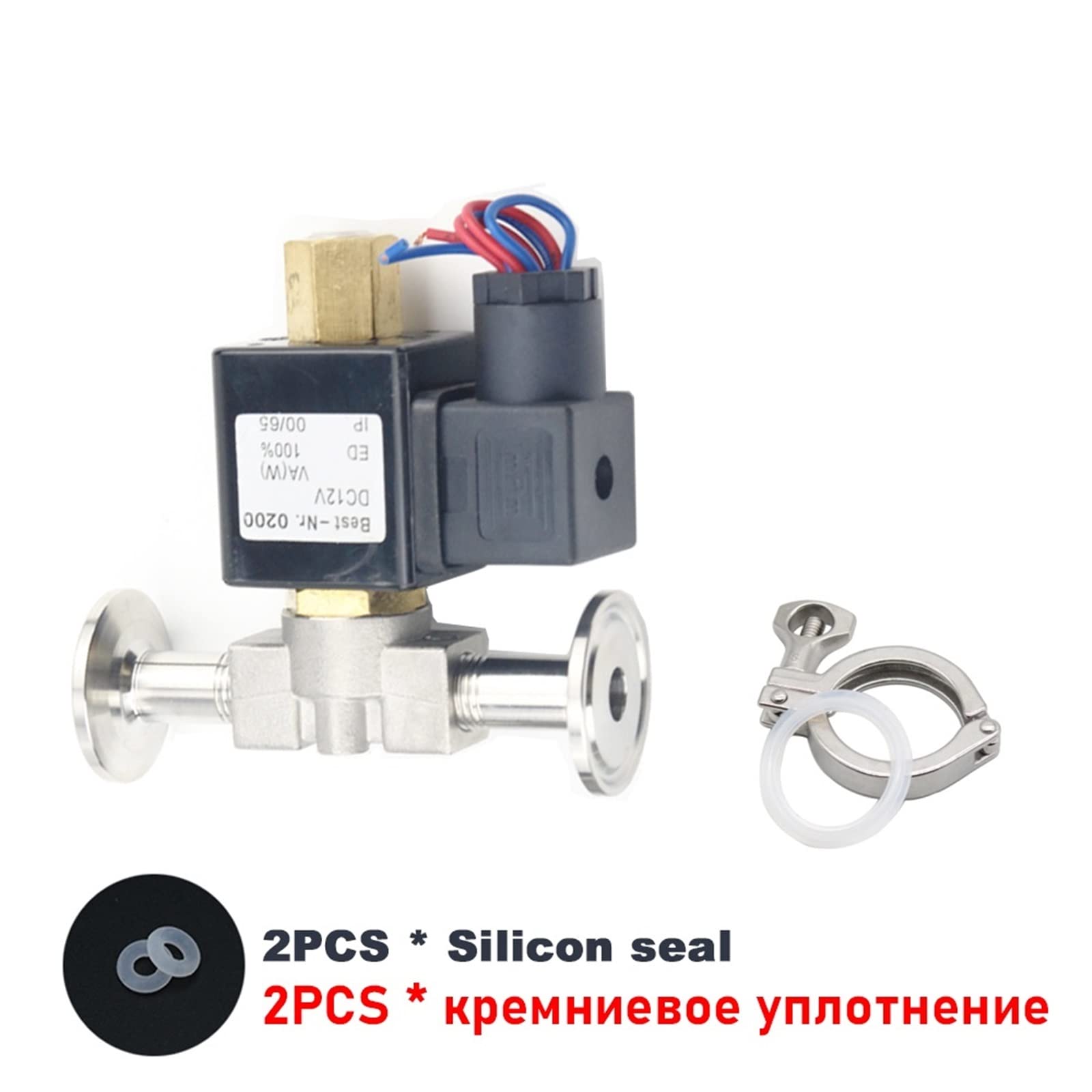 Válvula solenoide de acero inoxidable, normalmente abierta, CA 220 V, DN8, bidireccional, for tuberías de aceite, ácido y gas, con mandril de rosca de unión VX2120-08-SS-NO, 1 unidad(2pcs K25 Clamp)