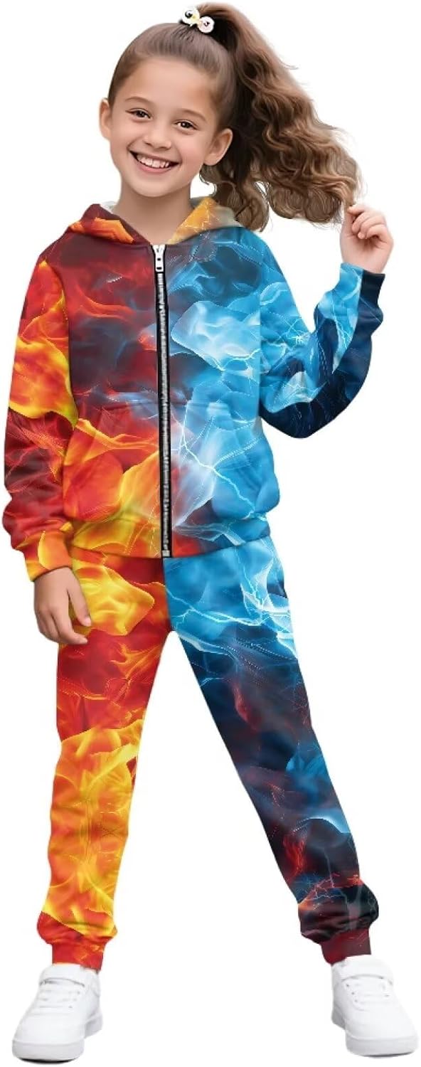 Girl's 2 Piece Tracksuits Zip Up Long Sleeve Sweat Suit Unisex Jogger Set Hoodie and Sweatpant with Pocket