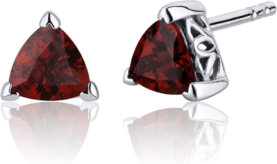 Peora Garnet Stud Earrings 925 Sterling Silver, Solitaire Scroll Gallery, Natural Gemstone, 2 Carats Total Trillion Shape 6mm, Friction Backs, Red Garnet Earrings, January Birthstone Earrings