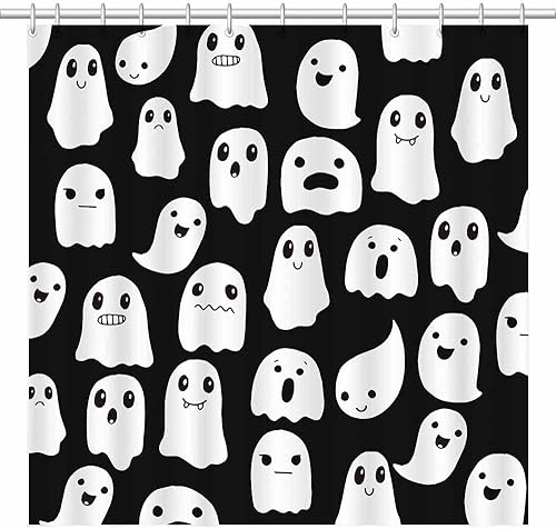 SHENGJUN Cortina de ducha fantasma de Halloween de 72 x 72 pulgadas, espeluznante y divertida, iconos de fantasmas de dibujos animados, tela blanca