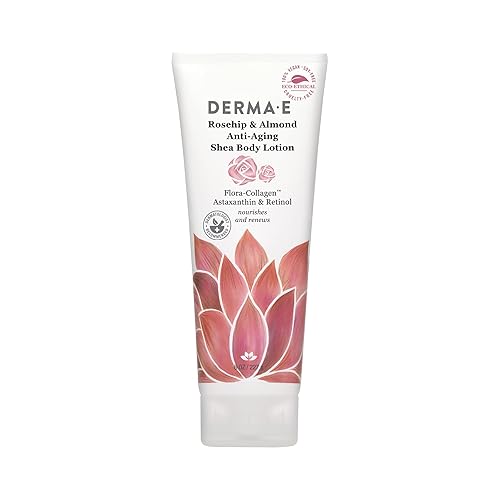 DERMA E - Loción corporal de karité antienvejecimiento de rosa mosqueta y almendras, colágeno vegano, retinol y vitamina E hidratante para piel