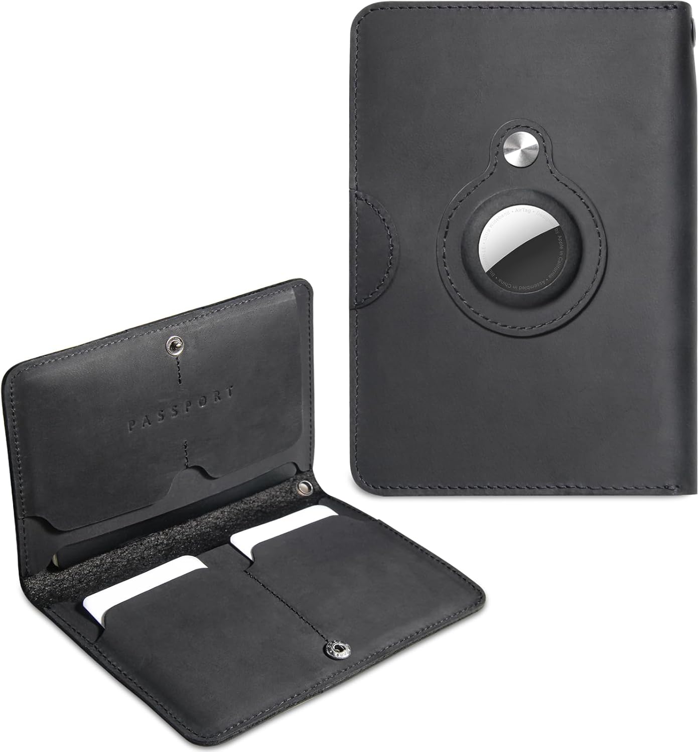 RFID Blocking Leather Passport Holder for Travel with AirTag Slot, Slim Passport Cover Travel Wallet for Women Men, Travel Must Haves Gifts (Jet Black - External AirTag Slot)