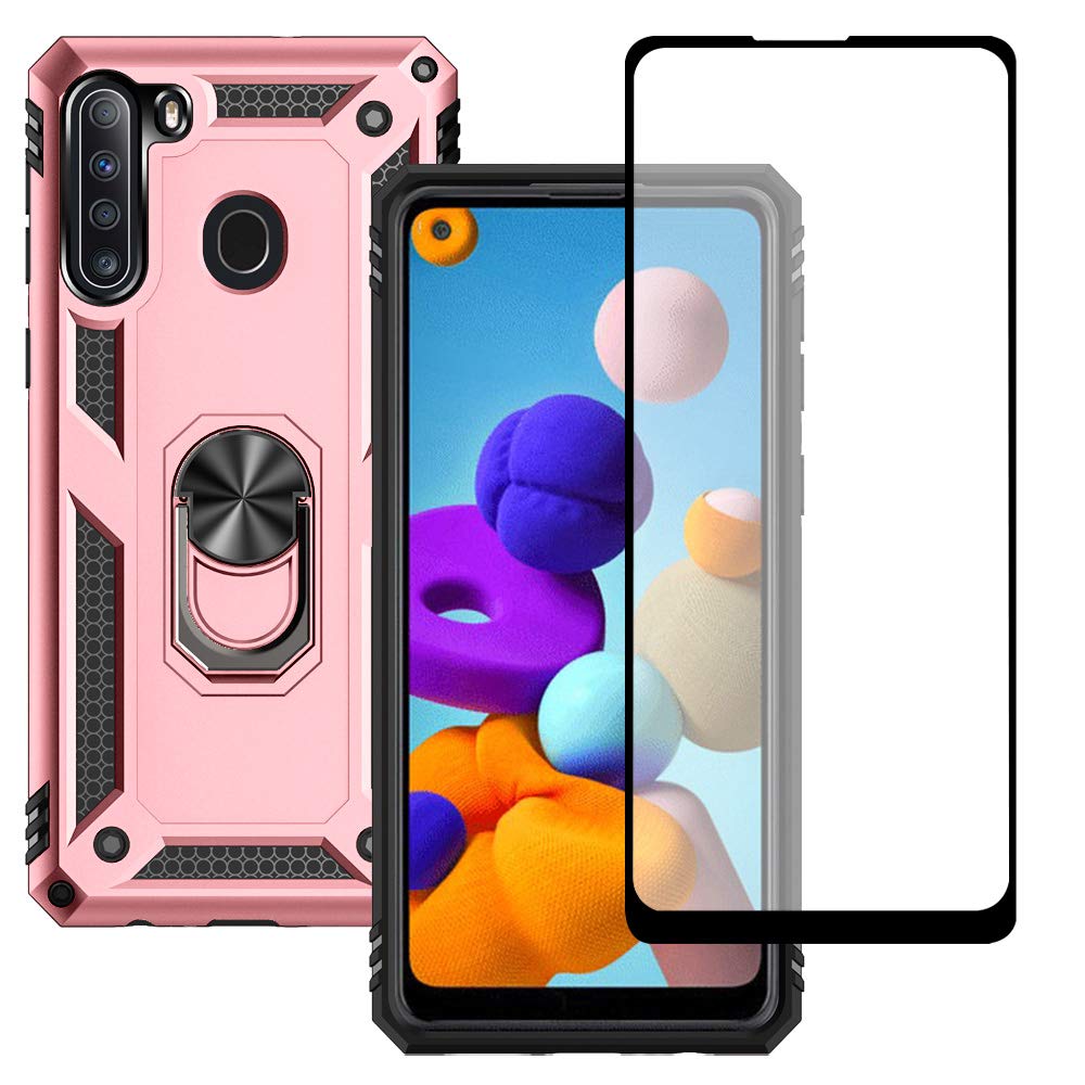 Samsung A21 Phone Case, Galaxy A21 Phone Case with Screen Protector, Military Grade Protective Cases with Ring for Samsung Galaxy A21 (Rose Gold)