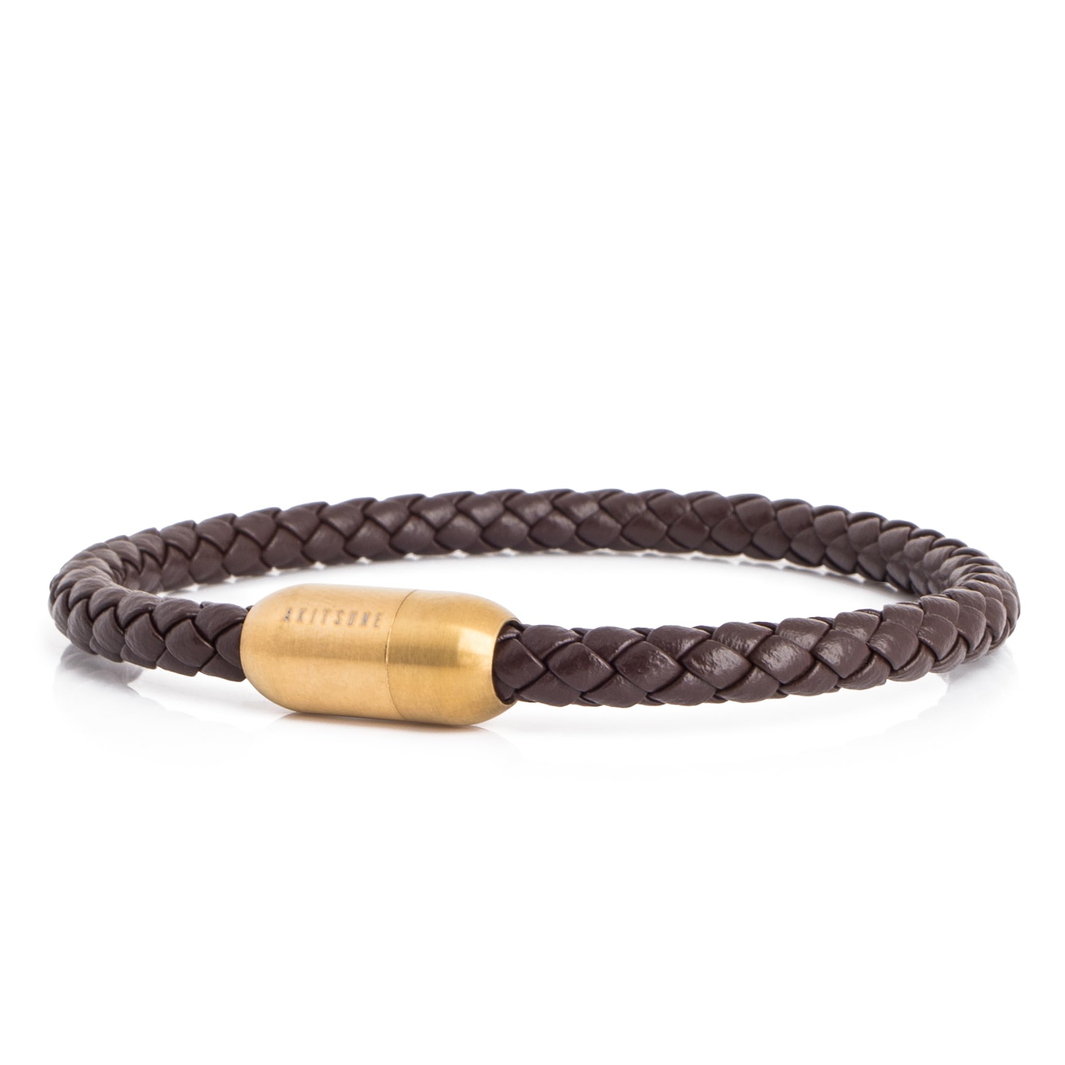 AkitsuneSilva Pulsera de Cuero Genuino | 5 mm | Cierre Magnético Pulseras Mujeres Hombres Pulsera de Acero Inoxidable Simple - Plata Negro Mate Oro