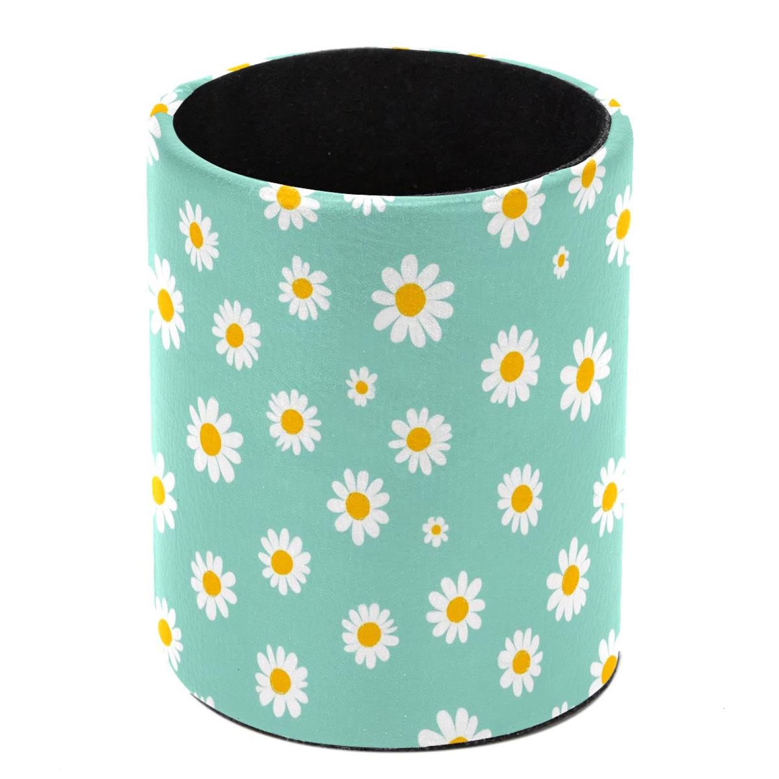 HEOEH Daisies Pen Holder for Desk, PU Leather Pencil Holder Pen Cup Marker Holder Makeup Brush Holders, Desk Accessories & Workspace Organizers for Home, Office