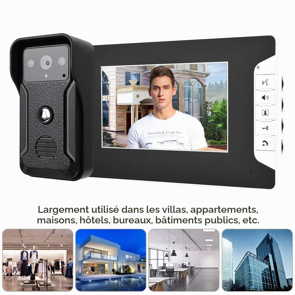 Interphone Vidéo, Interphone Vidéo Filaire avec Écran LCD de 7 Pouces avec Caméra Extérieure 1000TVL Support de Vision Nocturne IR Surveillance Déverrouillage Interphone Bidirectionnel (EU)