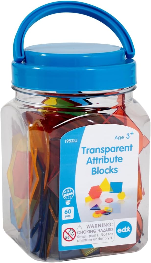 edx education Transparent Attribute Blocks - Mini Jar - Colorful, Plastic Shapes - Light Box Accessory - Sensory Play - Math Manipulative