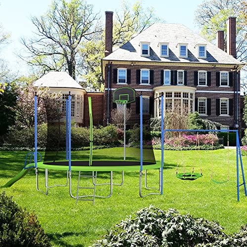 EMKK 12 Trampoline with Slide and Swings,Trampolines for Kids and Adults Large Recreational Trampoline with Basketball Hoop and Ladder,Outdoor Backyard Trampoline with Net