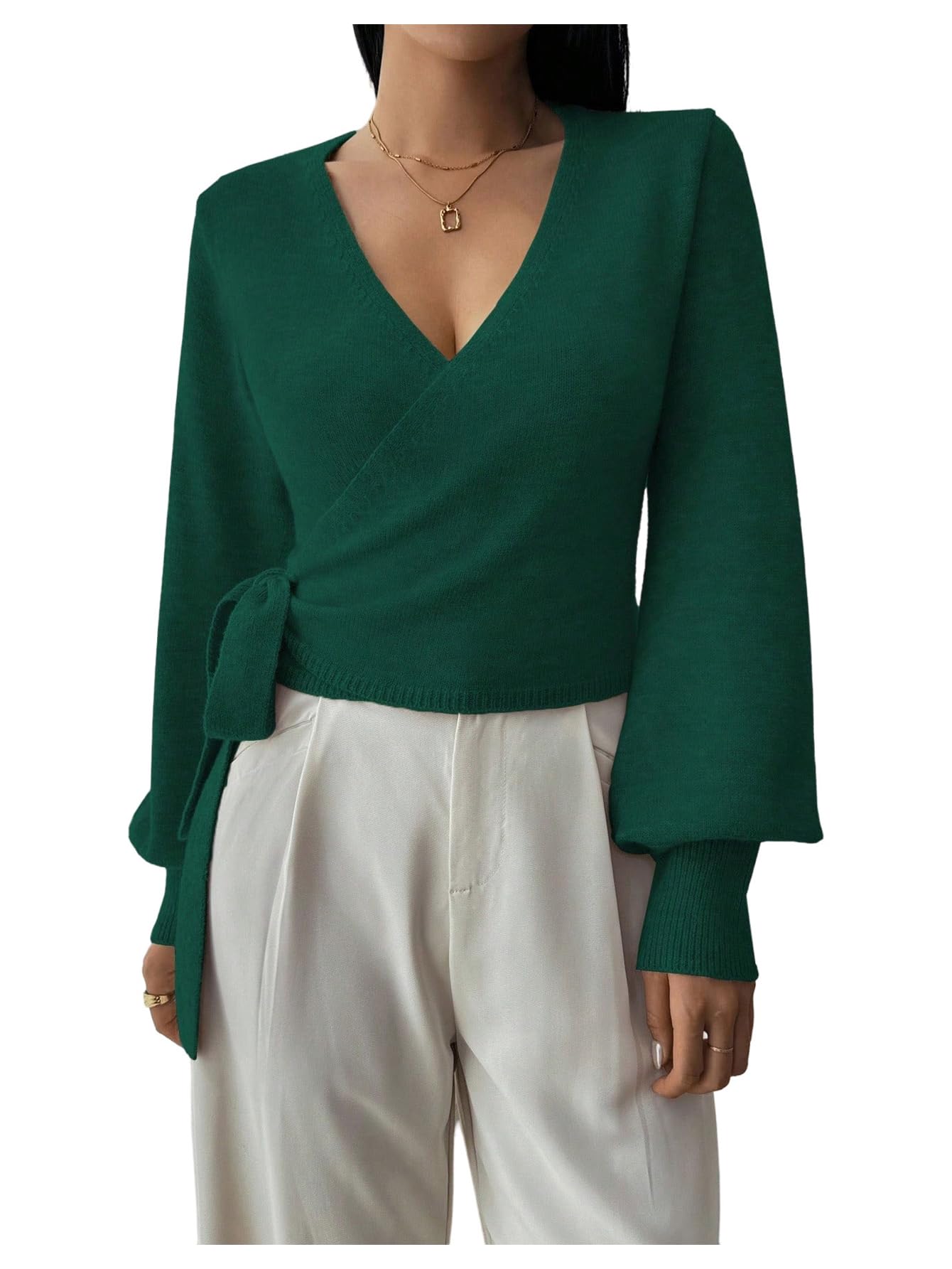 SHENHE Womens Casual V Neck Wrap Sweater Pullover Long Sleeve Slim Fit Knit Crop Top Sweater