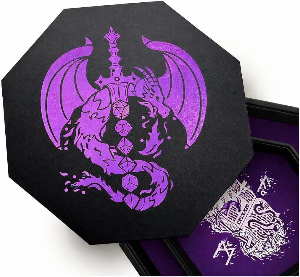 Fantasydice Plateau à dés dragon de feu violet avec épée de dés – Octogone de 22,9 cm avec couvercle, peut contenir 5 jeux de dés – Parfait pour D&D, Call of Cthulhu, Shadowrun et tous les RPG de