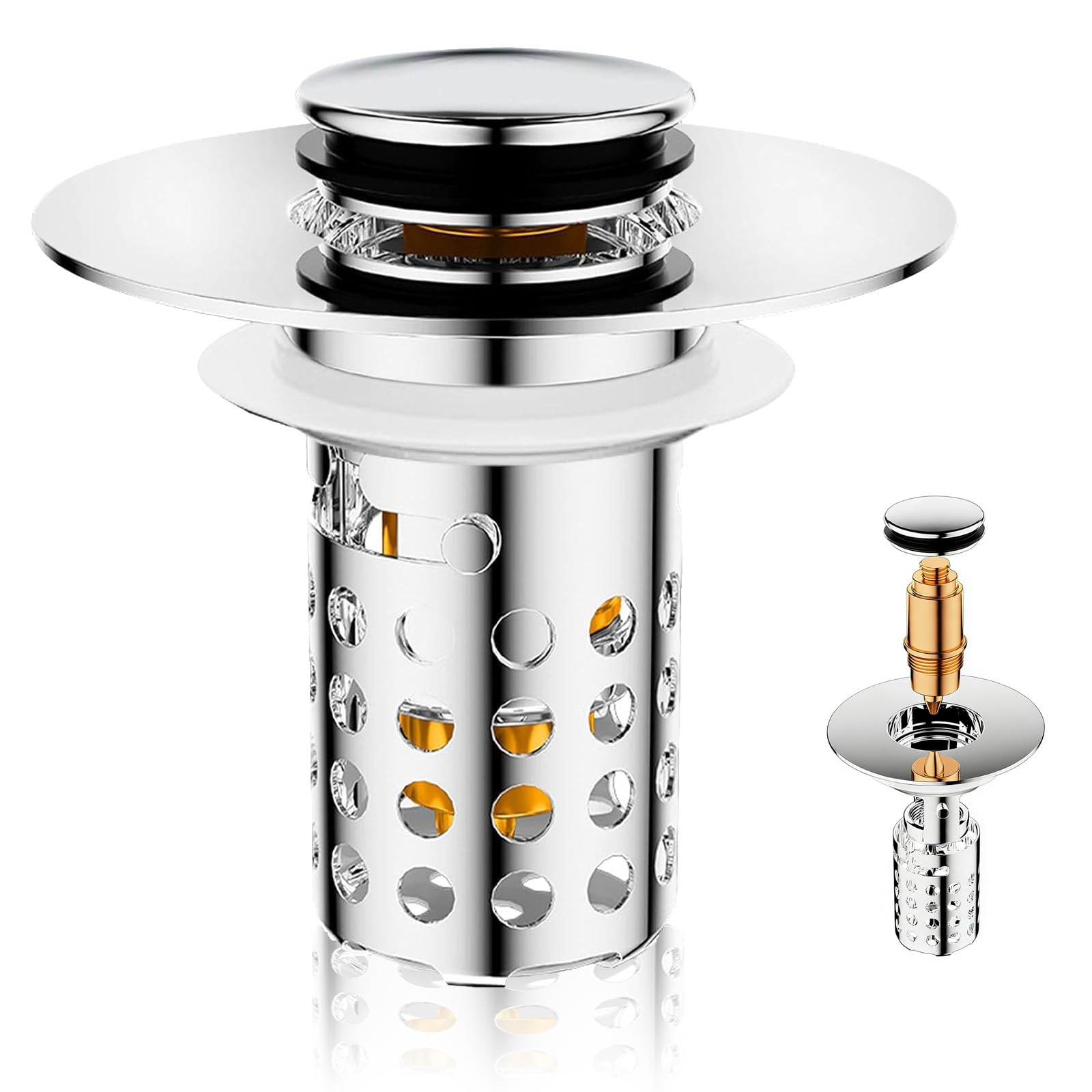 SANTUO Pop Up Sink Plug with Removable Filter for 28-40mm Drain Hole, Universal 3 in 1 Bathroom Sink Plug Replacement Stainless Steel Hair Catcher and Quick Release Sink Stopper Chrome